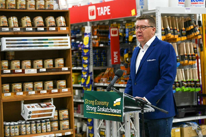 Scott Moe made an announcement on the reduction of the provincial small business tax at Econo Lumber in Prince Albert on October 3. An employee at the store later tested positive for Covid-19.